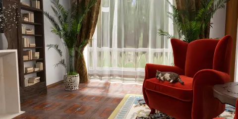 comfortable red armchair inviting relaxation in a cozy reading corner with tropical plants, featuring an indoor design related to modern living spaces; showcasing Homestyler's real-time 3D rendering capabilities.