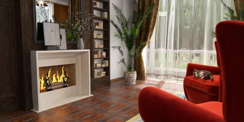 cozy living room featuring a fireplace and modern decor, showcasing smart furniture arrangement for efficient space usage, enhanced by Homestyler's real-time 3D rendering feature.