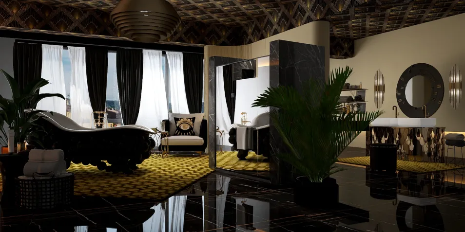 Luxurious bathroom design featuring elegant fixtures and modern decor style with a focus on comfortable relaxation space, utilizing Homestyler's real-time 3D rendering for effective design proposal preview.