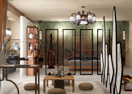 An oriental inspired hotel room Design Rendering