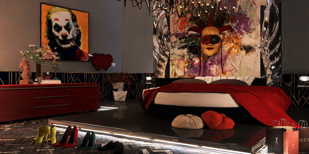 a bed with a doll on it and a christmas tree 