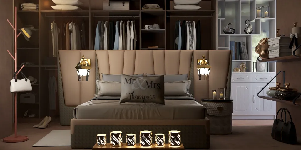 a bed room with a bed and a lamp 