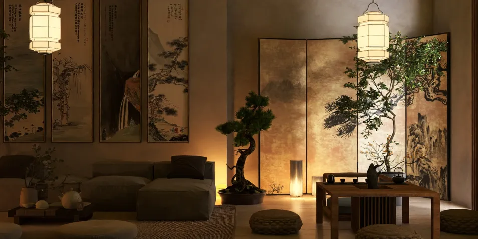 Cozy living room with Japanese artwork and indoor plants, featuring ambient lighting and natural materials, showcasing interior decor with a focus on minimalist design; utilizing Homestyler real-time 3D rendering for accurate visualization.