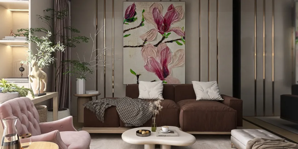 living room with a brown sectional sofa and a pink accent chair, decorated with floral art, showcasing a modern contemporary style with a cozy ambiance, utilizing Homestyler's real-time 3D rendering feature for design previews.
