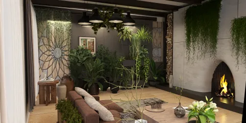 living room design featuring indoor plants and cozy fireplace, utilizing smart furniture arrangement for optimizing space, showcasing Homestyler's real-time 3D rendering capability.