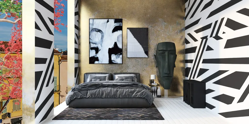 a bedroom with a bed, a wall, and a painting 