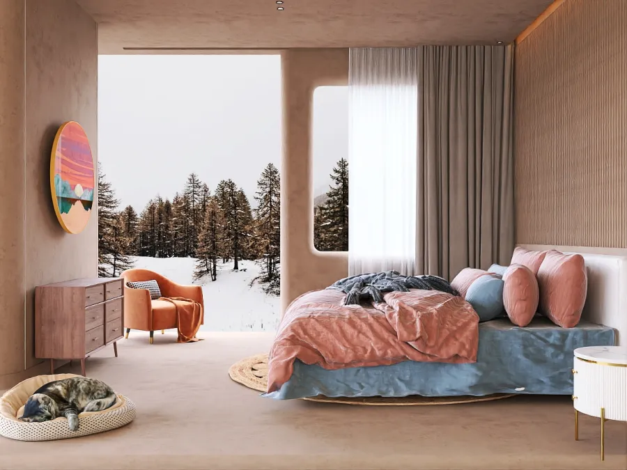 a bed room with a bed, chair, and a window 