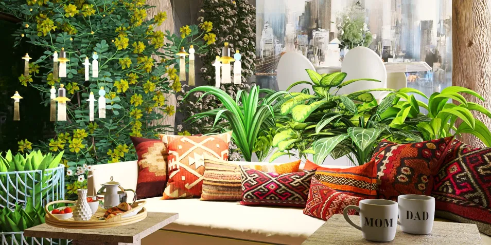 cozy living area featuring lush plants and vibrant cushions, enhancing the interior design with a bohemian style, showcasing Homestyler's smart furniture arrangement feature.