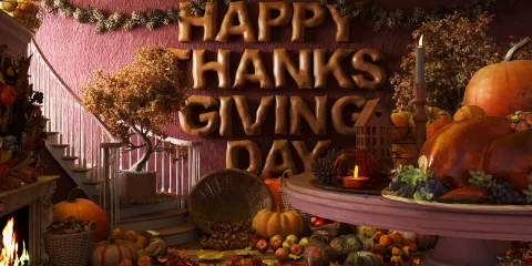 festive autumn decor arranging Thanksgiving feast in a cozy living room with seasonal colors showcasing interior design ideas using Homestyler's real-time 3D rendering feature.