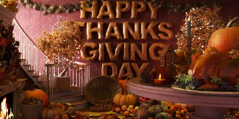 Thanksgiving decorations featuring a staircase adorned with autumn leaves and pumpkins, showcasing a festive table spread with a turkey and seasonal fruits, creating a warm holiday atmosphere with vibrant colors and rich textures, emphasizing interior decor for seasonal celebrations using Homestyler's 3D rendering feature.