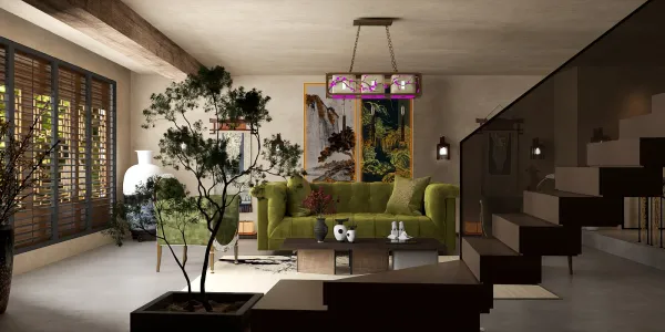 A lush green sofa paired with decorative plants in a cozy living room, featuring smart furniture arrangement for optimized space use and showcasing Homestyler's real-time 3D rendering capabilities.
