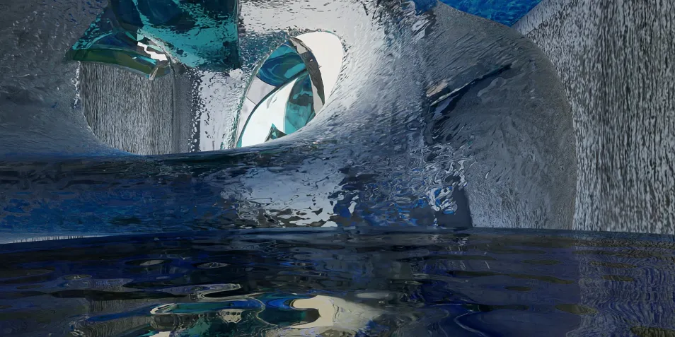 Modern interior with abstract water features creating a tranquil ambiance in a futuristic design style. Showcasing the Homestyler's real-time 3D rendering feature.