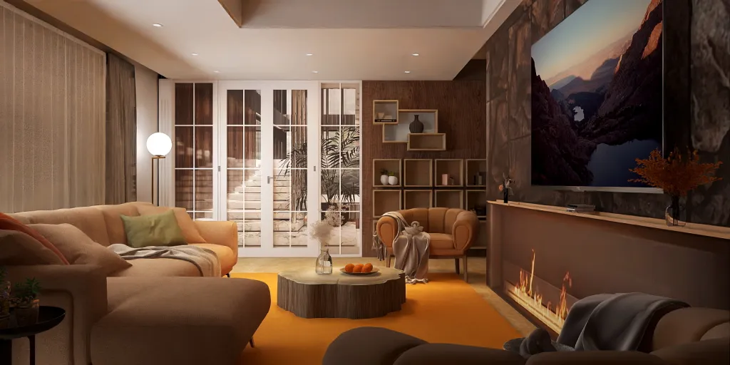 a living room with a couch, coffee table and a fireplace 