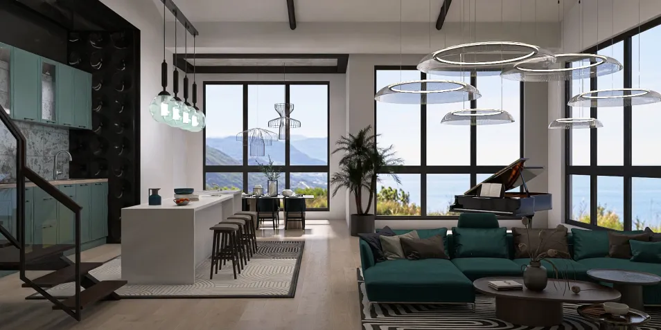 spacious living room featuring modern furniture arrangement in a contemporary style with a scenic view, showcasing Homestyler's real-time 3D rendering for efficient design preview.