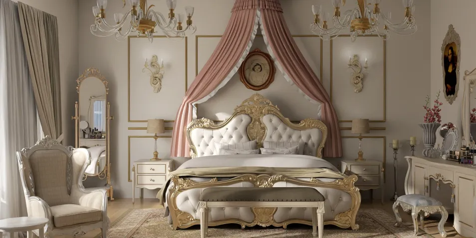 luxurious bedroom interior design featuring an ornate bed with a plush headboard and elegant decor accents, styled in a classic opulent theme, showcasing the realistic 3D rendering capabilities of Homestyler.