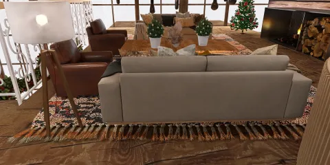 modern living room featuring a cozy sofa arrangement with leather armchairs and a stylish floor lamp, decorated for the holiday season with Christmas trees, showcasing a warm and inviting atmosphere using Homestyler's 3D design capabilities.