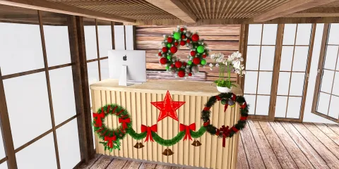 Christmas-themed reception desk decorated with wreaths and ornaments, showcasing festive interior design, utilizing Homestyler's real-time 3D rendering feature for a seasonal ambiance.