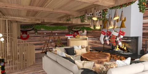 cozy living room with festive decorations featuring a modern fireplace and stockings hanging above it, designed in a rustic style, showcasing Homestyler's real-time 3D rendering for interior design preview.