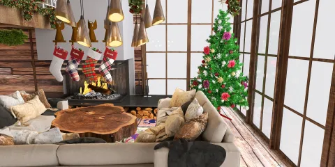 cozy living room with a Christmas tree featuring holiday decorations and festive colors, designed using Homestyler's real-time 3D rendering functionality.