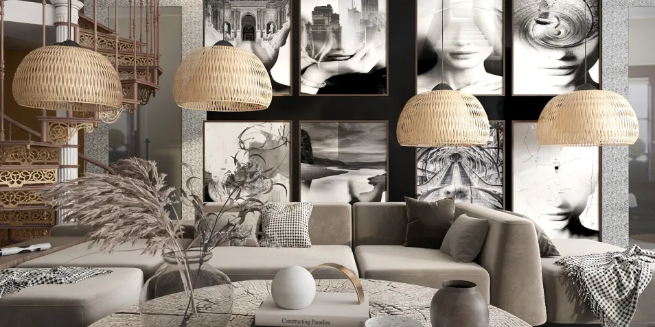 cozy living room arrangement featuring a sectional sofa and decorative wall art in a modern minimalist style, showcasing Homestyler's real-time 3D rendering capabilities for interior design.