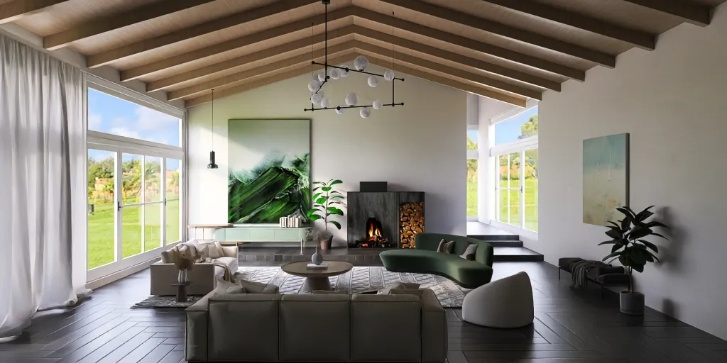 a living room with a couch, table, and fireplace 
