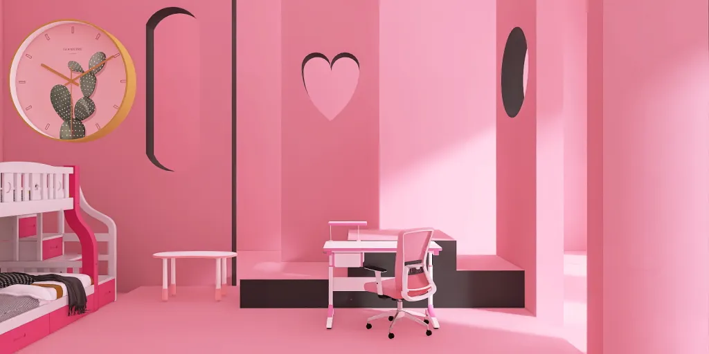 a bedroom with a pink bed and a pink chair 