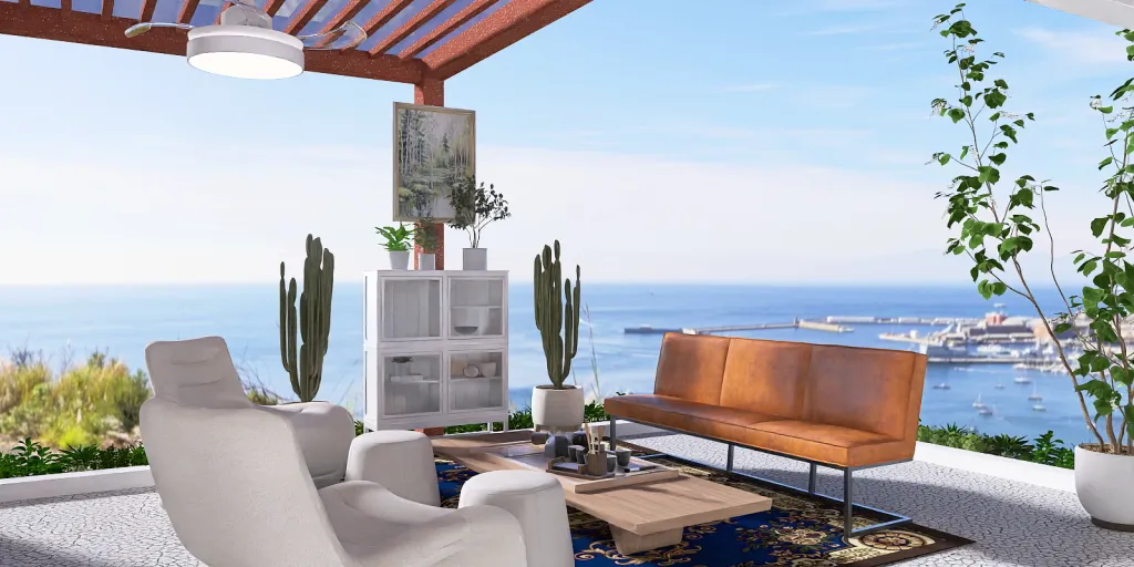 a living room with a balcony overlooking a beach 