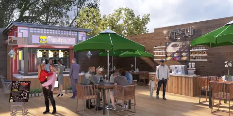 outdoor dining area with food stall and customers enjoying their meals in a lively setting, featuring modern rustic design and smart furniture arrangement for enhanced space usability using Homestyler's real-time 3D rendering.