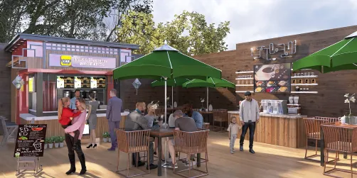 outdoor dining area with food stall and customers enjoying their meals in a lively setting, featuring modern rustic design and smart furniture arrangement for enhanced space usability using Homestyler's real-time 3D rendering.