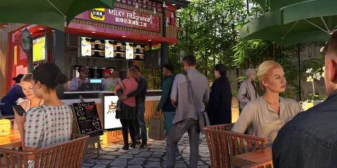 outdoor dining area with a food stall serving refreshments, featuring modern design styles, embodied in a vibrant public space, showcasing Homestyler's 3D rendering capabilities for realistic design previews.