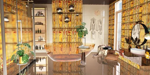 modern bathroom featuring a unique patterned wall design, showcasing a warm and inviting aesthetic, emphasizing functionality and style, utilizing Homestyler's real-time 3D rendering feature for a detailed design preview.