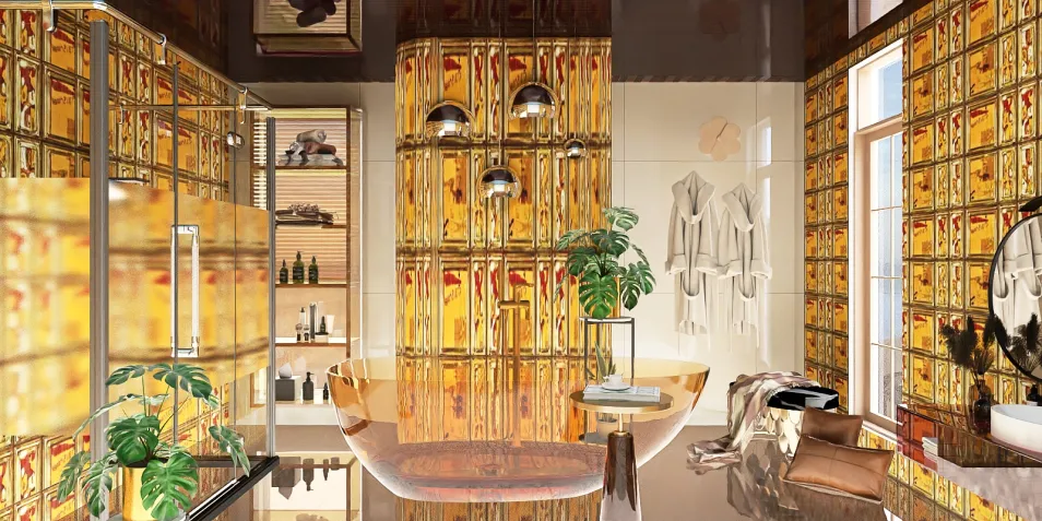 Modern bathroom design featuring golden tiles, showcasing a luxurious ambiance and smart furniture arrangement for optimal space usage, utilizing Homestyler's real-time 3D rendering feature.