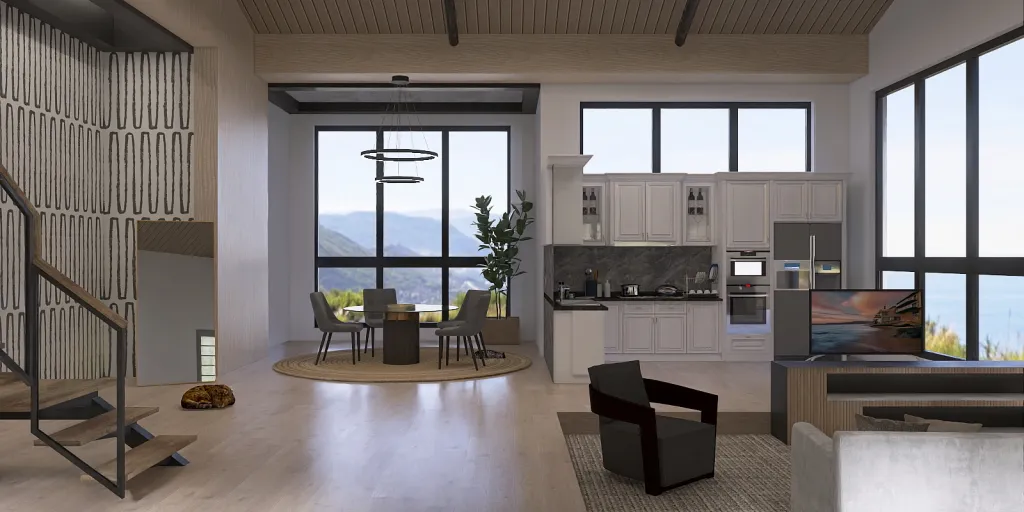 a living room with a large window and a large kitchen 