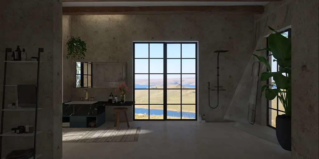 a bathroom with a sink, a window and a large window 