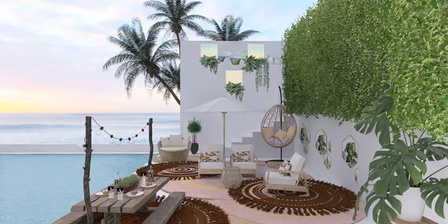 a beach with a patio and chairs and a balcony 