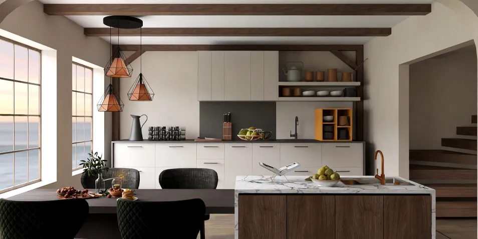 Modern kitchen design featuring open layout with wooden beams and stylish pendant lights, showcasing a blend of sleek cabinetry and a spacious island, optimized for interior decor with Homestyler's real-time 3D rendering functionality.