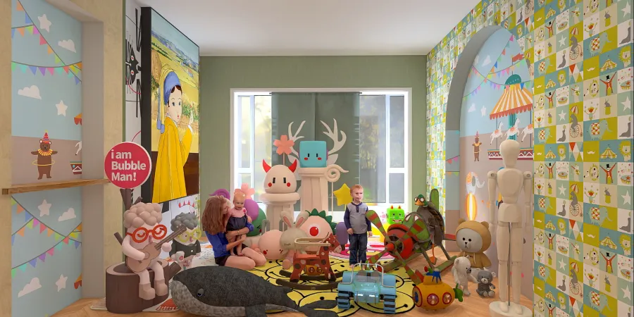 a room with a bunch of children's toys on the walls 