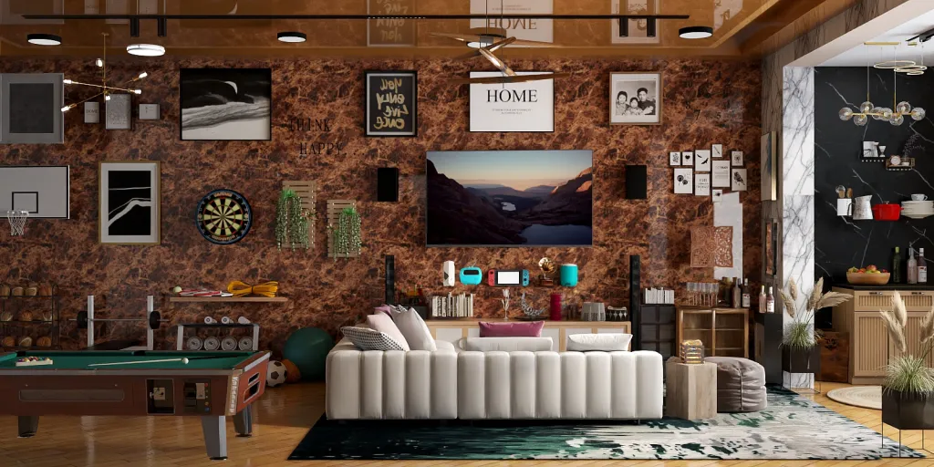 a living room with a couch, coffee table, and a wall mounted wall mounted wall mounted wall