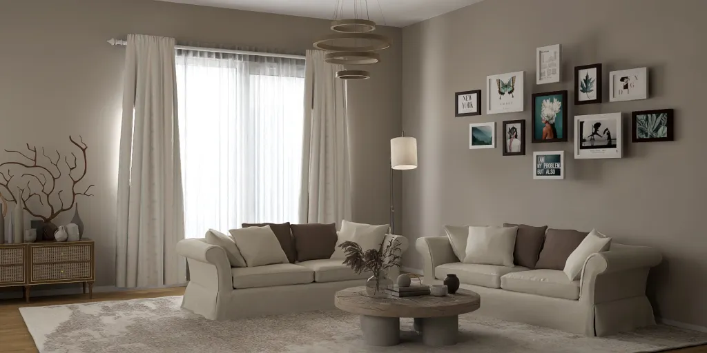 a living room with a couch, coffee table, and a lamp 