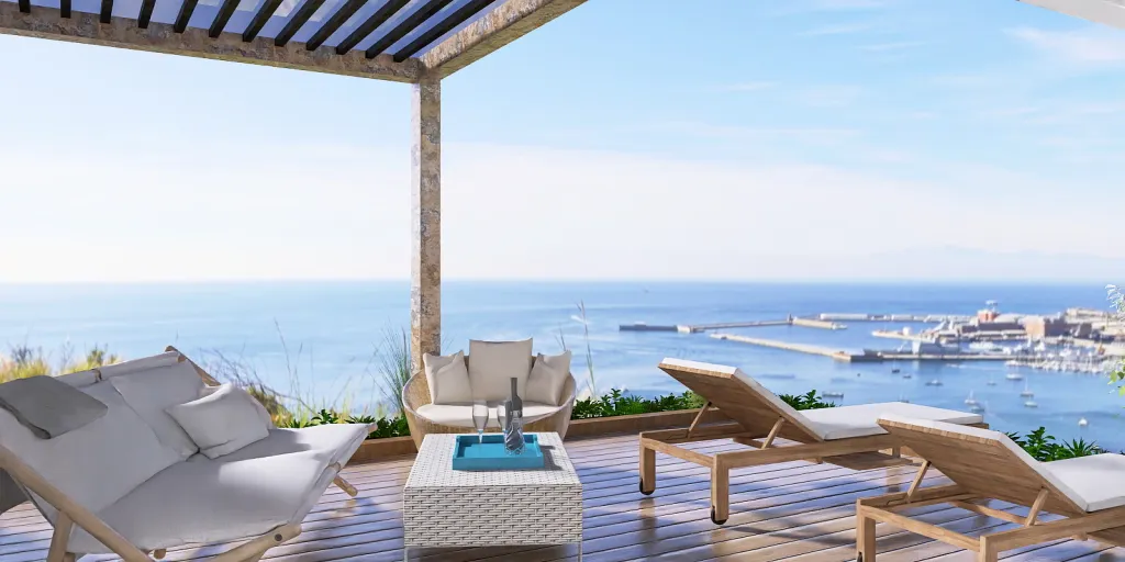 a large lounge area with a large balcony overlooking the ocean 