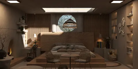 cozy bedroom interior design featuring a wooden bed and decorative wall panels, showcasing a minimalist style that optimizes space; utilizing Homestyler's real-time 3D rendering feature for a quick design proposal.