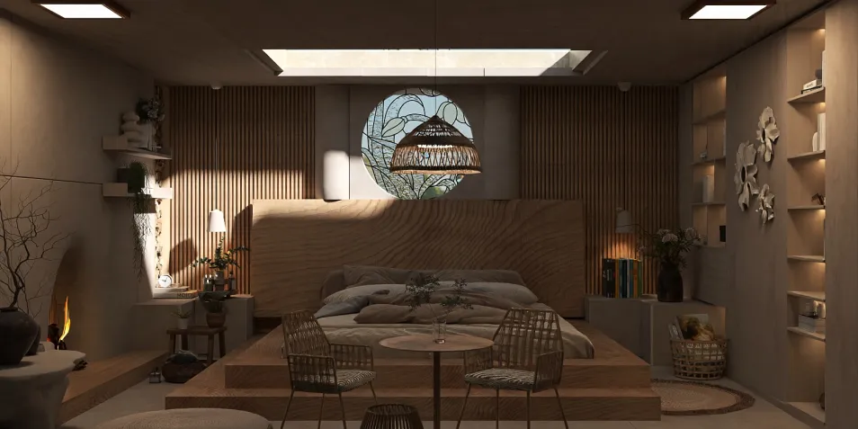 cozy bedroom interior design featuring a wooden bed and decorative wall panels, showcasing a minimalist style that optimizes space; utilizing Homestyler's real-time 3D rendering feature for a quick design proposal.