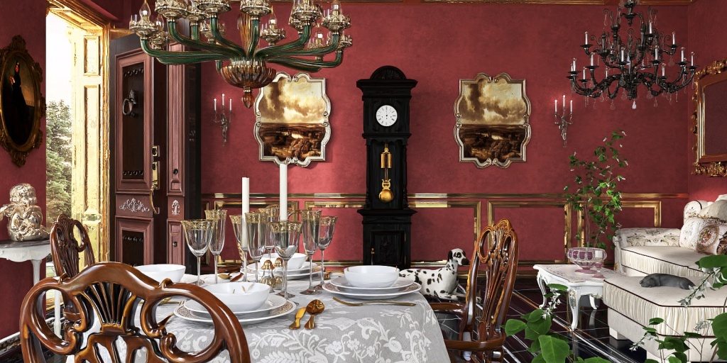 a table with a clock and a table cloth 
