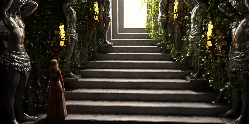 a woman gazing at a grand staircase surrounded by stone statues and greenery in a mythical setting, featuring 3D interior design showcasing artistic stonework and nature elements, highlights Homestyler's real-time 3D rendering for immersive visualizations
