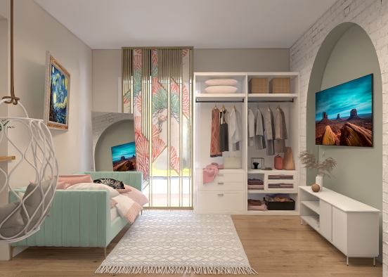 Cute teal and pink bedroom Design Rendering