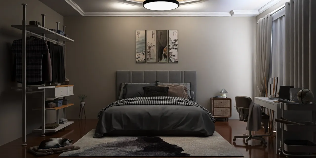 a bedroom with a bed, desk, and a lamp 