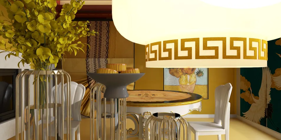 a dining area with elegant decor showcasing a round table decorated with flowers and a decorative lamp, featuring a luxurious style that enhances the visual appeal of the interior space; utilizing Homestyler's real-time 3D rendering for design proposal showcasing.