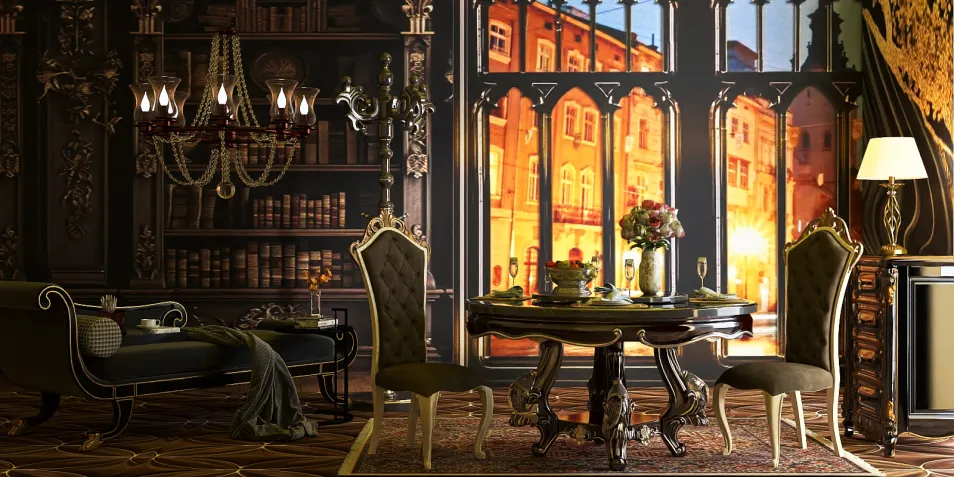 luxurious dining room interior featuring an ornate table setting with elegant chairs and an intricate chandelier, designed using Homestyler's real-time 3D rendering for accurate preview