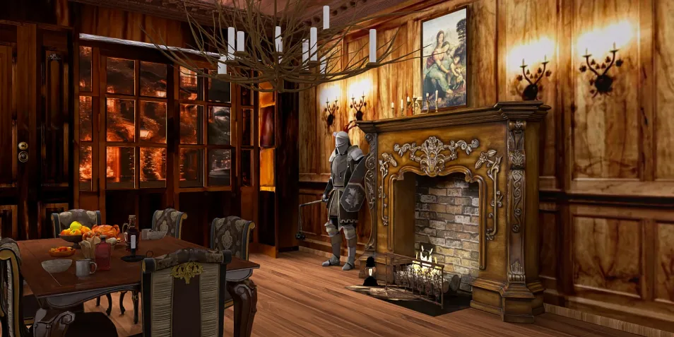 A medieval dining room featuring a wooden dining table and elegant chairs, designed using Homestyler for interior decor. The space showcases a classic fireplace and intricate wall details, perfect for a timeless and cozy atmosphere.