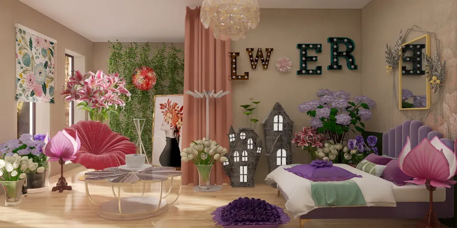 a room with a lot of flowers and a vase of flowers 